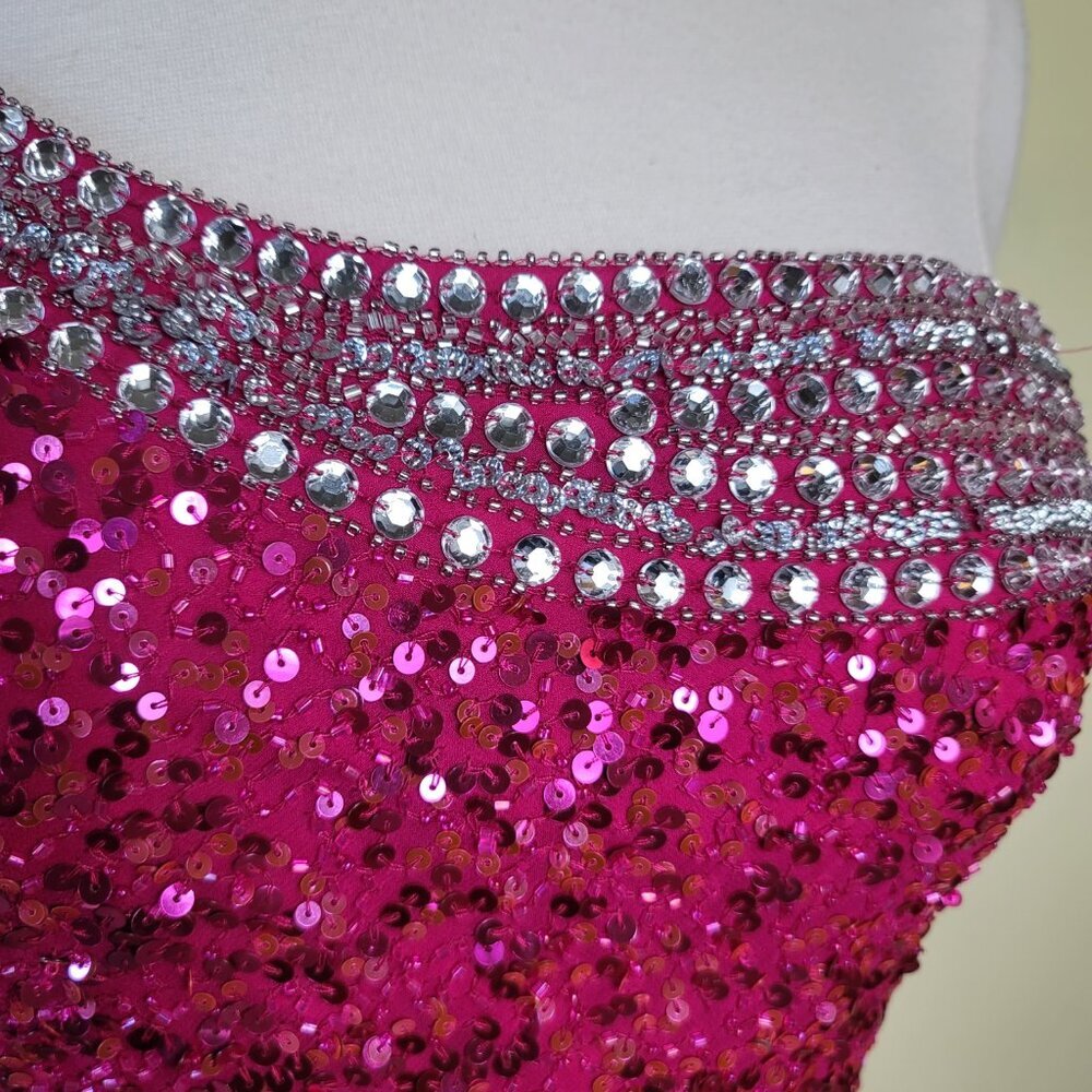 Scala Vintage Hot Pink 100% Silk Crystal Sequin Open Back Women's Gown | Size 4 - Picture 4 of 13